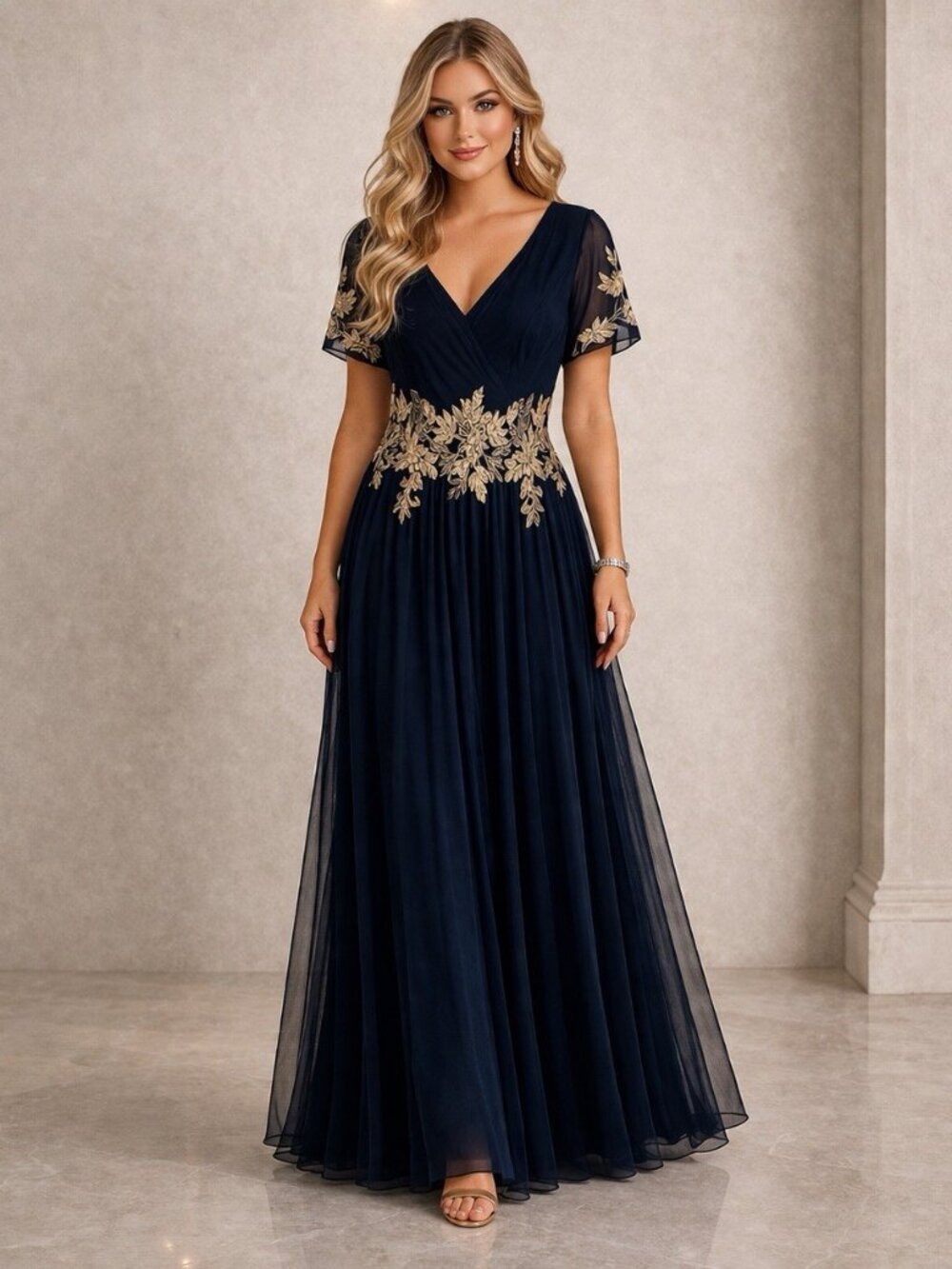 Betsy & Adam Size 16 Navy Gold V-Neck Short Sleeve Floral Applique A-Line Gown